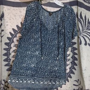 Lucky Brand Blue Batik Top 3X Short Sleeve